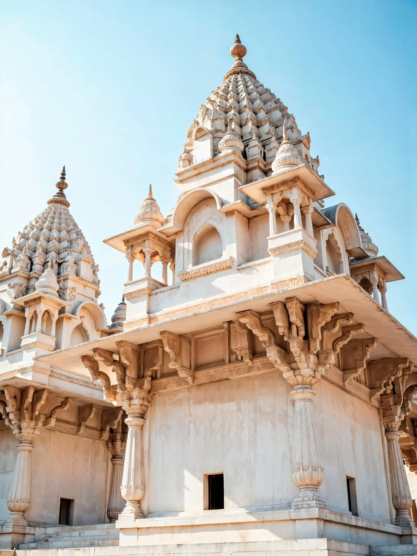 Aufwendig verzierter weißer Tempel vor blauem Himmel