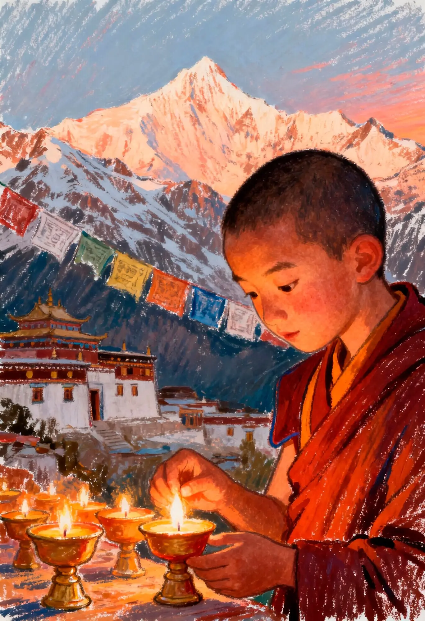 Ein junger Mönch entzündet Butterlampen im Himalaya.